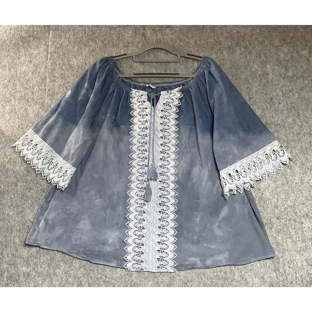 Custom Hand Dyed Shirt Womens 18W Blue Cotton Upcycled Wearable Art Boho Top